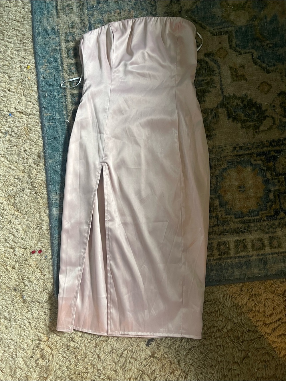 White Fox Boutique Strapless Satin Midi Dress in Pale Pink
